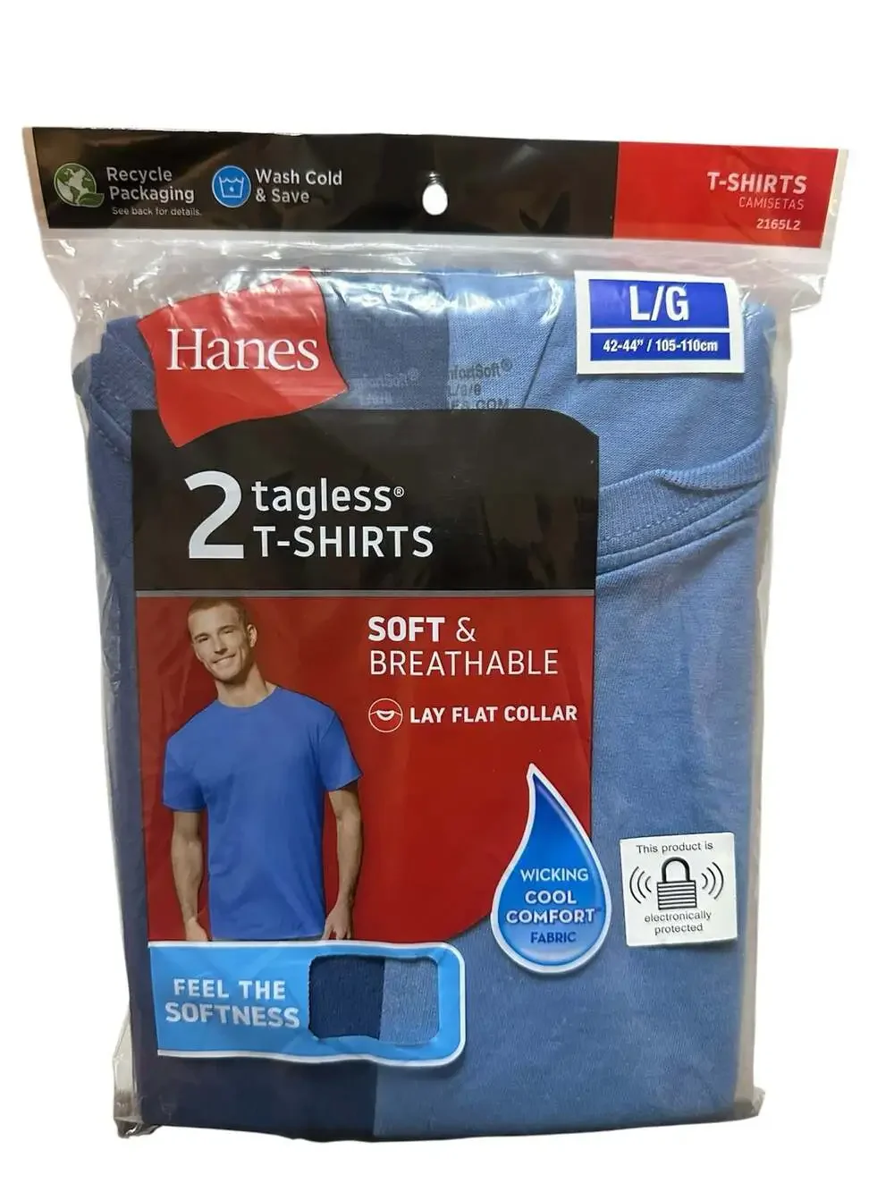 Hanes Men's 2-Pack Tagless T-Shirts Wicking Cool Comfort Fabric Blue Size Large